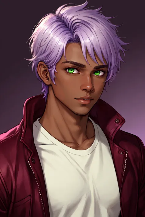 realistic, solo, 1boy, male focus, green eyes, light purple hair, stubble, maroon background, dark skinned male, tan skin, looking at viewer, lips, jacket, hyur, specular highlights, gradient