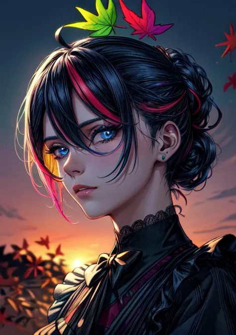 ((falling neon colored leaves)), beautiful woman, neon rainbow hair, chignon hairstyle, french maid, ((looking at up viewer)), low angle perspective, sensual gaze, realistic blue eyes, sensual, sunset, masterpiece, high definition, intricate detail, exceptional proportions, <lora:more_details:.7>
