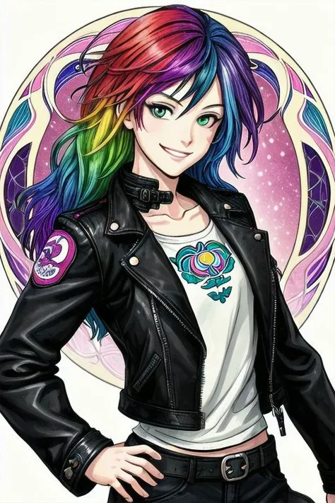 1girl, portrait, multicolored hair, rainbow hair, sexy smile, looking at the viewer, smirk , solo , rim lighting , illustrated background , art nouveau themes, RAW, Canon Eos style, Paper Doll theme, looking at viewer, covered chest, leather jacket