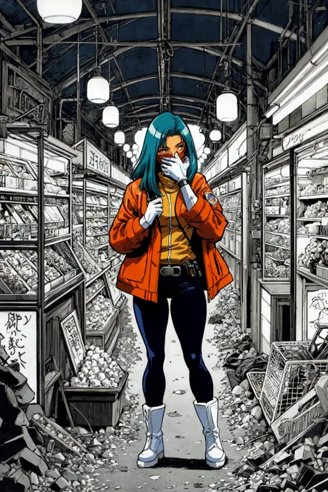Vintage 90's anime style environmental wide shot of a chaotic crowded underground market at night; a woman wearing an orange jacket tries to hide her face from the police; by Hajime Sorayama, Greg Tocchini, Virgil Finlay, sci-fi. line art. Environmental art.