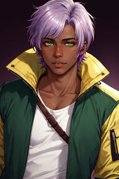 realistic, mature, solo, 1boy, male focus, green eyes, light purple hair, stubble, maroon background, dark skinned male, tan skin, looking at viewer, lips, jacket, hyur, specular highlights, gradient