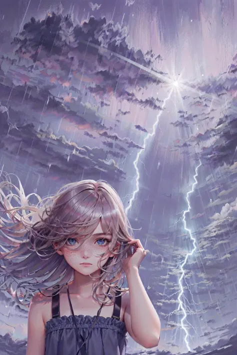 (masterpiece, best illustration), solo, 1girl, blue eyes, outdoors, (scared expression), freckles, red hair, dynamic angle,(extreme light and shadow, lens flare), (daylight:.5), (thunderstorm with lightning in the background)