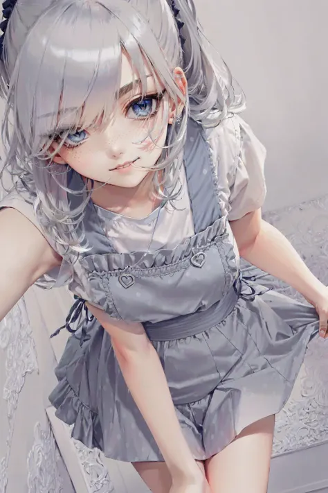 anipoma1,(masterpiece, best illustration), solo, 1girl, blue eyes, (shiny skin, soft hair), (mature, large breasts), (ganguro, tan skin), (wearing a light blue pinafore, polka dot skirt),(close up), outdoors, (scared expression), (goth makeup), freckles, black hair, dynamic angle,(extreme light and shadow, volumetric lighting, rim lighting), (daylight:.5), (sexy, seductive, smirk)