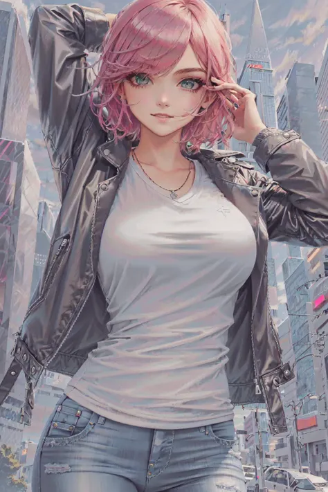 1girl, solo, detailed holographic rainbow eyes, red and green hair, leather jacket, wearing a tshirt, wearing jeans, medium breasts, voluptuous, dynamic angle, looking at viewer, futuristic, citypunk:.5, cyberpunk:1.5,