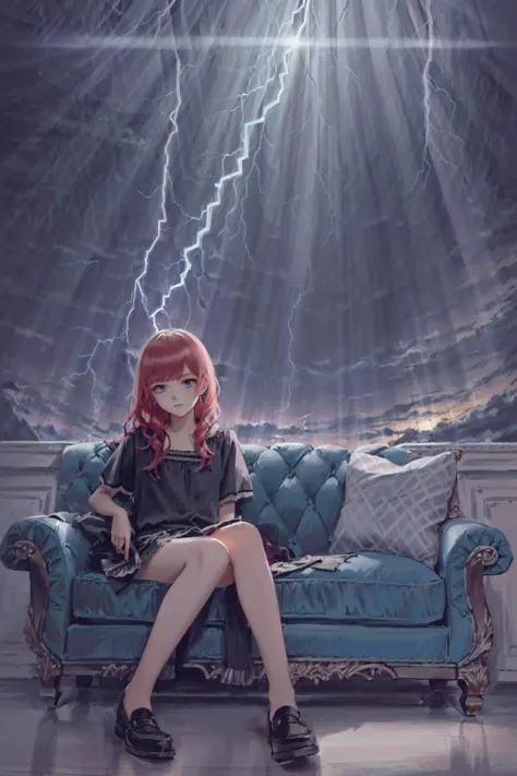 (masterpiece, best illustration), solo,1girl, blue eyes, full body, sitting on a couch, freckles, red hair, dynamic angle,(extreme light and shadow, lens flare), (daylight:.5), (thunderstorm with lightning in the background)