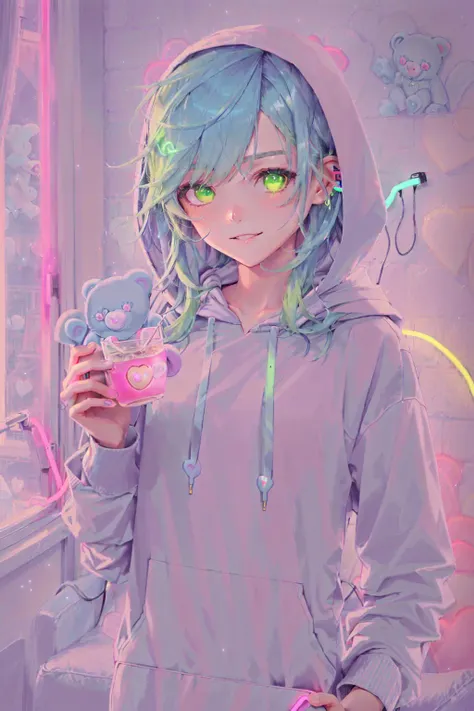 anipoma1,(masterpiece, best illustration, best manga), (extreme detail, ultra fine), solo, 1girl, violet eyes, (holding a milkshake), freckles, (bright neon green hair:2), (long hair), (vivid colors),(wearing care bears hoodie:1.8), (denim jeans), (extreme light and shadow, volumetric lighting), (rim lighting:1.5), (daylight:.5), (living room lights, light leak), (solo), mangadusk1, manwha1