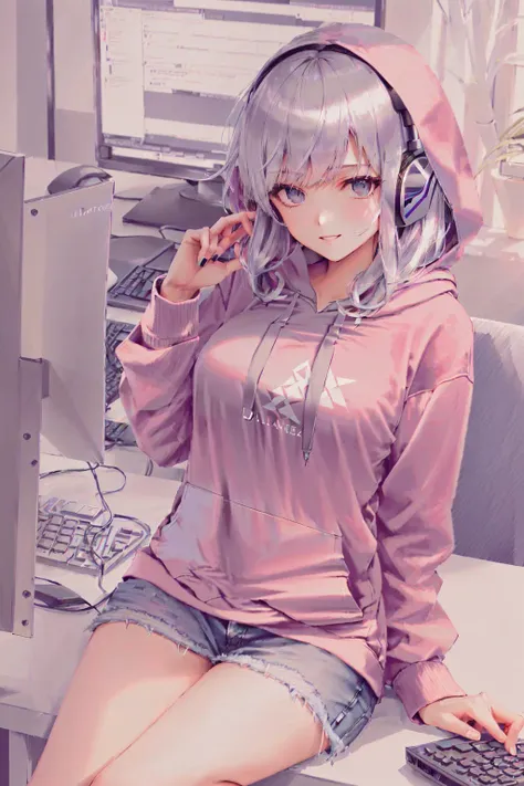 (masterpiece, best illustration, best manga), (extreme detail, ultra fine), solo, 1girl, violet eyes, (pink hair), (sitting at a computer:1.4),(long hair), (gamer headphones), (large tv in the background),  (large breasts:1.3), (sexy),  (vivid colors),(wearing a hoodie:1.8), (denim jeans), (extreme light and shadow, volumetric lighting), (rim lighting:1.5), (solo), (80s style:.5),(ultra sharp:2),