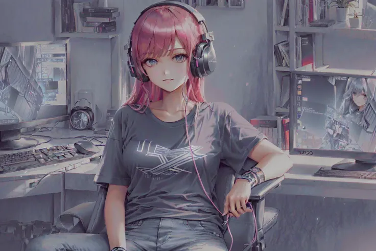 (masterpiece, best illustration, best manga), (extreme detail, ultra fine), solo, 1girl, violet eyes, (pink hair), (sitting at a computer:1.4),(long hair), (gamer headphones), (large tv in the background),  (large breasts:1.3), (sexy),  (vivid colors),(wearing a band tshirt:1.8), (denim jeans), (extreme light and shadow, volumetric lighting), (rim lighting:1.5), (solo), (70s style:.5),(ultra sharp:2), manwha1