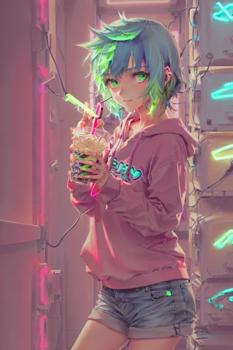 anipoma1,(masterpiece, best illustration, best manga), solo, 1girl, violet eyes, (holding a milkshake), freckles, (bright neon green hair:2), (wearing care bears hoodie, denim jeans), (extreme light and shadow, volumetric lighting), (rim lighting:1.5), (daylight:.5), (living room lights, light leak), (solo), mangadusk1, manwha1
