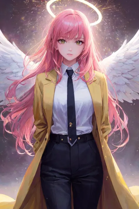 (masterpiece, best quality:1.9), (ultra-detailed:1.3), 1girl, solo, (pink hair, messy hair, long hair), (angel wings, angel halo), large breasts, (emo punk synthwave:1), yellow eyes, (white shirt, black necktie, green striped coat, open coat), cowboy shot, cinematic lighting, (((glowing light particles))), (arms behind back), dynamic angle,