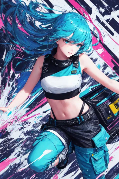 swpunk style synthwaveaward winning half body portrait of a woman in a croptop and cargo pants with ombre navy blue teal hairstyle with head in motion and hair flying, paint splashes, splatter, outrun, vaporware, shaded flat illustration, digital art, trending on artstation, highly detailed, fine detail, intricate