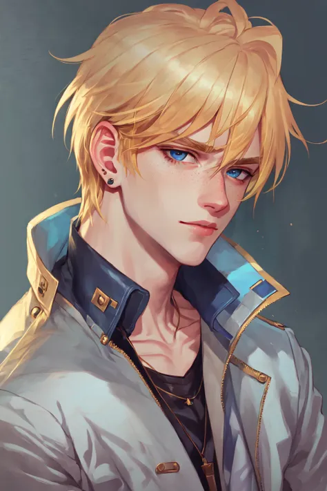 solo, looking at viewer, blue eyes, blonde hair, shirt, 1boy, jewelry, jacket, male focus, earrings, portrait, freckles, realistic, nose