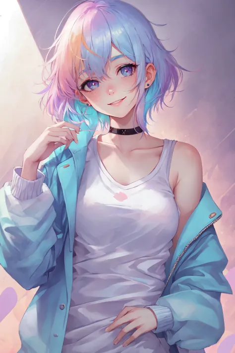 1girl, solo, looking at viewer, smile, blue eyes, blonde hair, shirt, jewelry, closed mouth, blue hair, jacket, white shirt, upper body, pink hair, white hair, multicolored hair, earrings, open clothes, choker, two-tone hair, open jacket, lips, head tilt, piercing, freckles, realistic, pink jacket, photo (object)