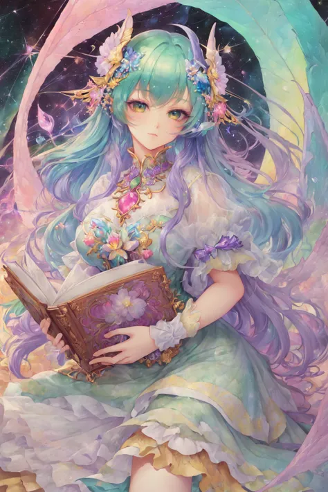 (masterpiece, best_quality, ultra-detailed, immaculate:1.3), epic, illustration, digital painting, welcoming, Lilac undine, see-through gossamer, voluptuous, kawaii, neon green, multicolored hair,gouache, painterly, book cover, dragons, specular highlights, in the style of van gogh