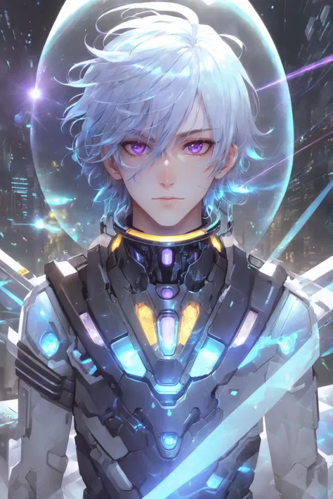 (masterpiece, best_quality, ultra-detailed, immaculate:1.3), epic, illustration, render, volumetric lighting, welcoming, see-through gossamer, in Japan,1boy, solo, male focus, transgender male, flat chest, blue hair, blonde hair, purple eyes, two tone hair, depth of field, standing in a spaceship, (fantasy), (lens flare, light leak, prismastic), shiny skin, cg, (sidelighting), (cyberpunk), dynamic angle, (close up)