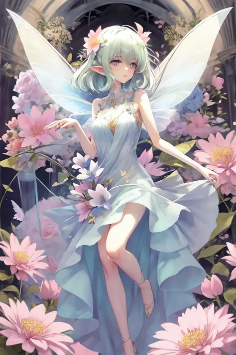 a slim delicate faerie flying over a large flower. wearing a demure flower dress