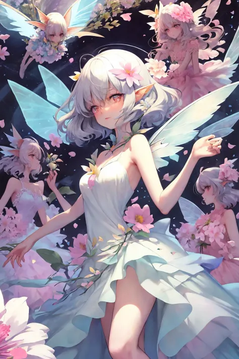 a slim delicate faerie flying over a large flower. wearing a demure flower dress