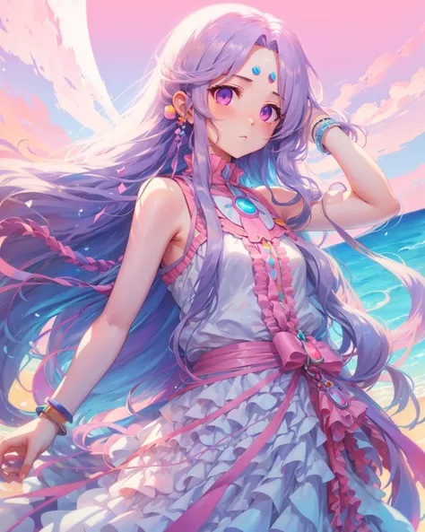 a girl with long hair and a watch on her wrist looking at the camera with a pink background and a blue sky, Constant, vaporwave colors, a character portrait, synchromism