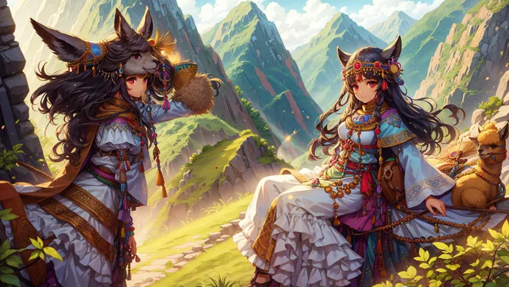 peruvian girl with alpaca, machu picchu background, fantasy_art, retro_style,