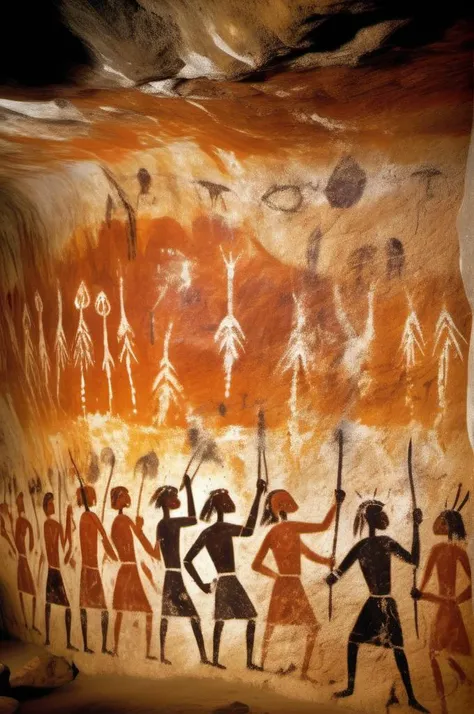 stone age scandinavia cave paintings of a battle. Tribespeople with torches are looking at the paintings.
<lora:Lascaux:1> Lascaux 
<lora:Lascaux:1> Lascaux