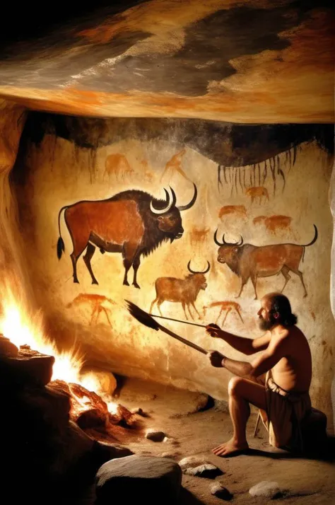 cave paintings Thousands of years ago in a large cave, an ancient man paints on a wall the story of a hunter of a large bison, next to a fire that lights the cave and a piece of meat is cooked on it ,
<lora:Lascaux:1> Lascaux
<lora:Lascaux:1> Lascaux