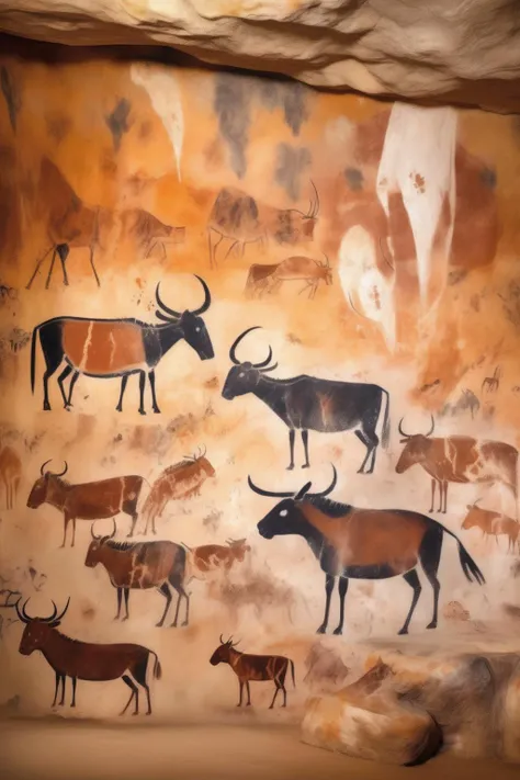 <lora:Lascaux:1>Lascaux - Depict a prehistoric cave painting in the style of 2020s France. Capture the unique environment of Lascaux with its dim natural lighting and chalky color palette, evoking a mood of discovery. Employ the detailed painting skill seen in modern French artists and compose the scene from a broad, all-encompassing view. Render in 8K,