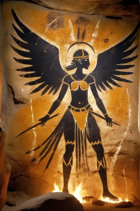 <lora:Lascaux:1> Lascaux  , prehistoric drawings,  early stone, cave paintings,, epic female warrior on fire ablaze in black and gold armor with angel wings, horror christian cathedral, nighttime, 
dungeons and dragons,
dungeons and dragons,
