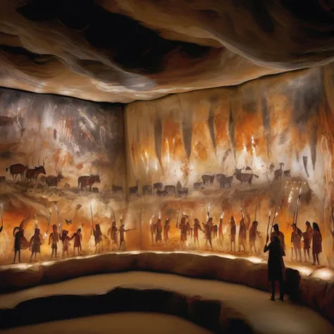 Photorealistic portrait of <lora:Lascaux:1>Lascaux - stone age scandinavia cave paintings of president Donal Trump, Tribespeople with torches are looking at the paintings, Fine details. Professional art. High production value. Augmented projection lighting, showing lifelike details, story telling. <lora:Lascaux:1>