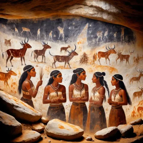 Photorealistic portrait of <lora:Lascaux:1>Lascaux - stone age scandinavia cave paintings, woke society, equality, non binary poeple, Fine details, on a cave wall, primitive, story telling. <lora:Lascaux:1>