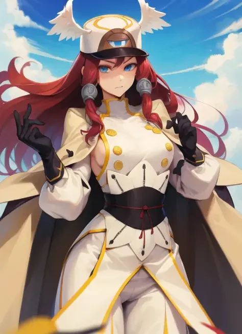 (masterpiece, best quality, high resolution),cowboy shot, 1girl, tsubakims, hair tubes, hat, gloves, uniform, cape, military uniform, head wings <lora:TsubakiMS:1>