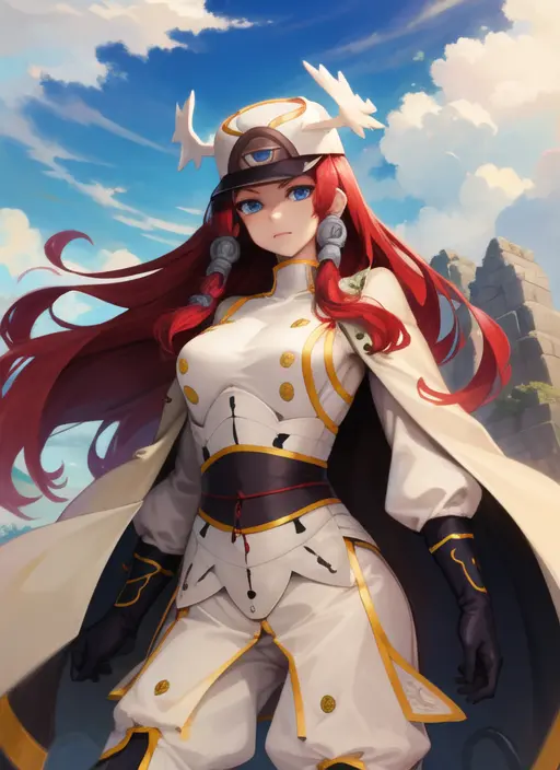 (masterpiece, best quality, high resolution),cowboy shot, 1girl, tsubakims, hair tubes, hat, gloves, uniform, cape, military uniform, head wings <lora:TsubakiMS:1>