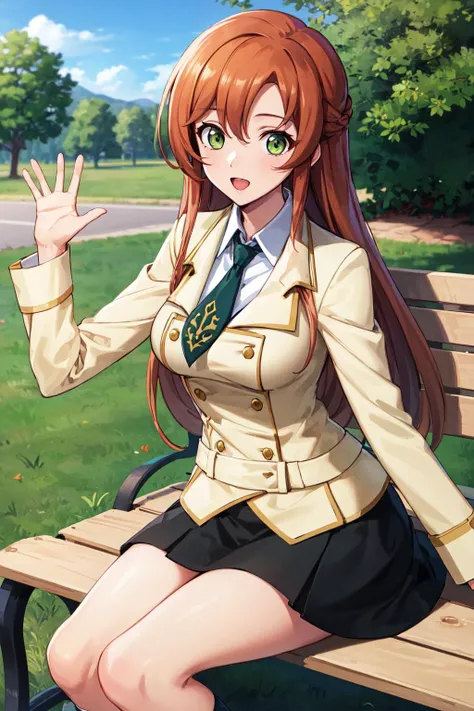 masterpiece, best quality, highres, hmshir, long hair, green eyes, school uniform, yellow jacket, necktie, black skirt, pleated skirt, <lora:shirley_fenette_v1:0.6>, waving, sitting, bench,