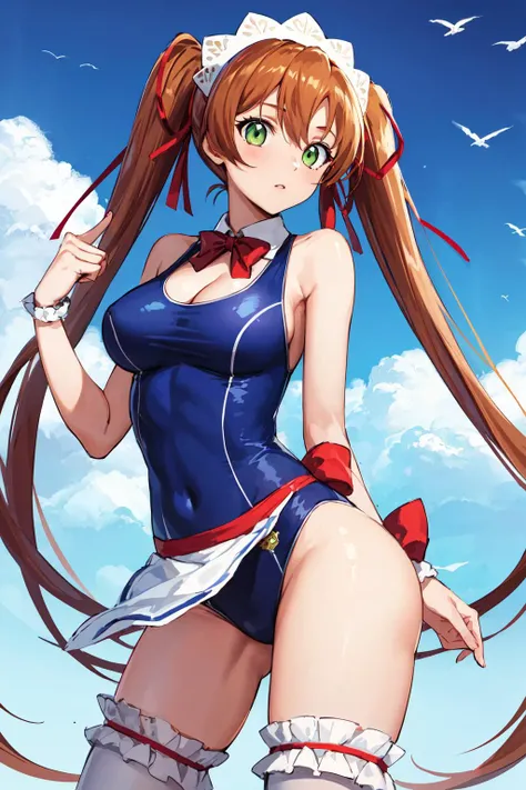 masterpiece, best quality, highres, hmshir, long hair, green eyes, twintails, thighhighs, one-piece swimsuit, school swimsuit, cleavage, swimsuit under clothes, ribbon, maid, maid headdress, <lora:shirley_fenette_v1:0.6>, cowboy shot, outdoors, standing,