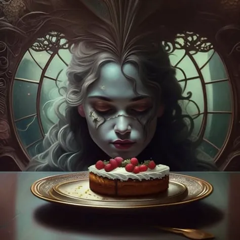 a woman sitting at a table with a cake in front of her face and a creepy creature in the background , chaingirldark style soft lighting, backlit, elegant, highly detailed, sharp focus, illustration, octane render, digital painting, concept art, artgerm and greg rutkowski and alphonse mucha, cinematic masterpiece