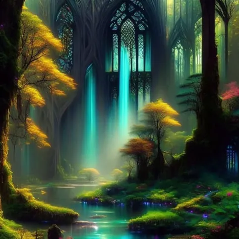 a painting of a forest with a river and a building in the background with a light coming through the trees , chaingirldark style ultra realistic, concept art, intricate details, eerie, highly detailed, photorealistic, octane render, 8k, unreal engine, art by Artgerm and Greg Rutkowski