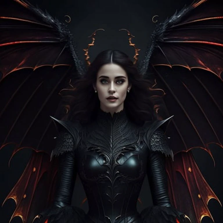 a woman with a dragon wings on her head sitting in a dark room with her hands clasped in front of her chest , chaingirldark style digital Art, trending on artstation