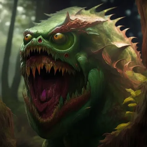 a monster with a open mouth, in a cage, forest background, ultra detailed, trending on artstation, concept art, unreal engine, 4k, 8k, ray tracing, breathtaking landscape, dramatic lighting, epic scene,