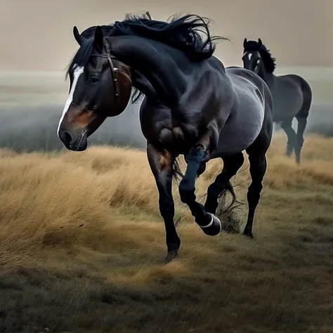 two horses running in a field in the foggy day time, with one horse looking at the camera , chaingirldark style ultra detailed, 8k, 35mm lens, beautiful, classical painting, smoke tendrils, clouds, foggy, volumetric lighting, cloudy, trending on Artstation, concept art, hyperdetailed, hyperrealistic