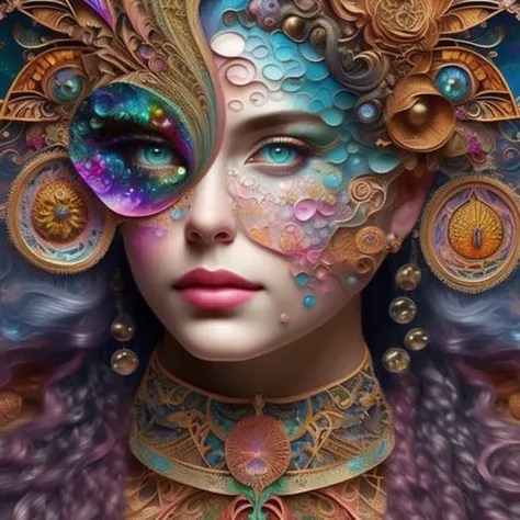 a woman with a lot of bubbles in her hair and a bubble in her mouth, with a colorful background , chaingirldark style art by Noah Bradley and Jeff Easley and Peter Elson + beautiful eyes, beautiful face + symmetry face + border and embellishments inspiried by alphonse mucha, fractals in the background, galaxy + baroque, gothic, surreal + highly detailed, intricate complexity, epic composition, magical atmosphere + masterpiece, award winning