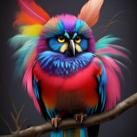 a colorful bird with feathers on its head sitting on a branch with a dark background and a black background , chaingirldark style digital art, trending on artstation