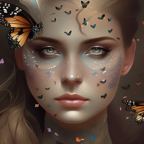 a woman with butterflies on her face and a black background with butterflies around her head and a butterfly on her face , chaingirldark style elegant, highly detailed, digital painting, artstation, concept art, matte, sharp focus, illustration, art by Artgerm and Greg Rutkowski and Alphonse Mucha