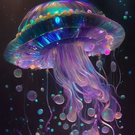 a jellyfish with a lot of bubbles floating around it's head and body, with a black background , chaingirldark style cyberpunk, sci-fi, fantasy, intricate, elegant, highly detailed, digital painting, artstation, concept art, shining, sharp focus, illustration, art by stanley lau