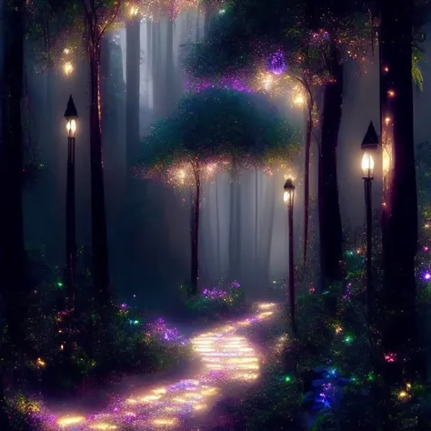 a path in the woods with lights on it and flowers growing on the side of it, with a path leading to the right , chaingirldark style environment, dynamic lighting, photorealistic fantasy concept art, trending on art station, stunning visuals, creative, cinematic, ultra detailed