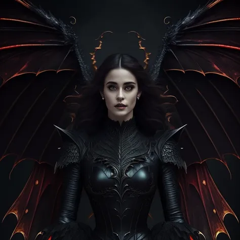 a woman with a dragon wings on her head sitting in a dark room with her hands clasped in front of her chest , chaingirldark style digital Art, trending on artstation