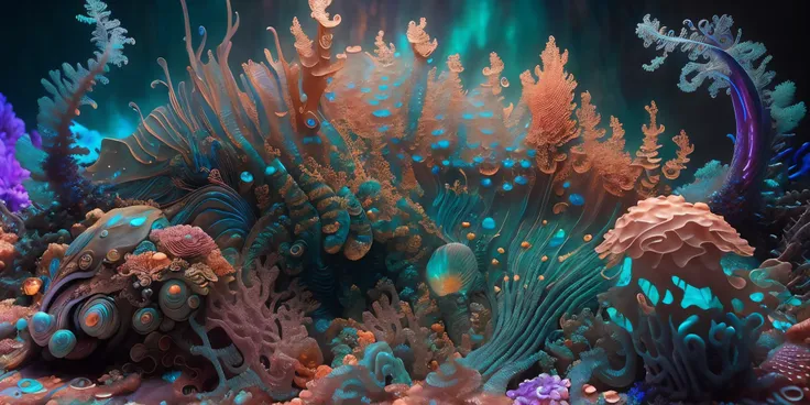 a surreal deep sea underwater scenery, boris vallejo, surreal, dramatic lighting, detailed, intricate details, elegant, perfect lighting, intricate fractal ornaments, raylights, caustics, corals, water snakes,
jellyfishes,natural fractal stuctures, octane render, (coral reef with vivid colors:1.5) , bioluminescence, illuminated creature, sand seabed with rocks, shell with pearl, underwater flow, mystical fishes
<hypernet:mjv4Hypernetwork_v1:0.4> <lora:hipoly3DModelLora_v10:0.4>