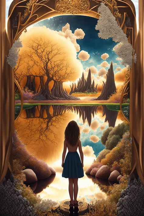 photorealisitc, (full body closeup:1.2),(from behind, over the shoulder:1.4), a girl standing in front of medium sized golden mirror portal, looking at mirror, red hair, extremely detailed, accessoires, (entering a surreal mirrored world with beautiful landscape:1.3) <hypernet:mjv4Hypernetwork_v1:0.6>, <lora:epiNoiseoffset_v2Pynoise:1.5> tree silhouettes, (facing away:1.5),