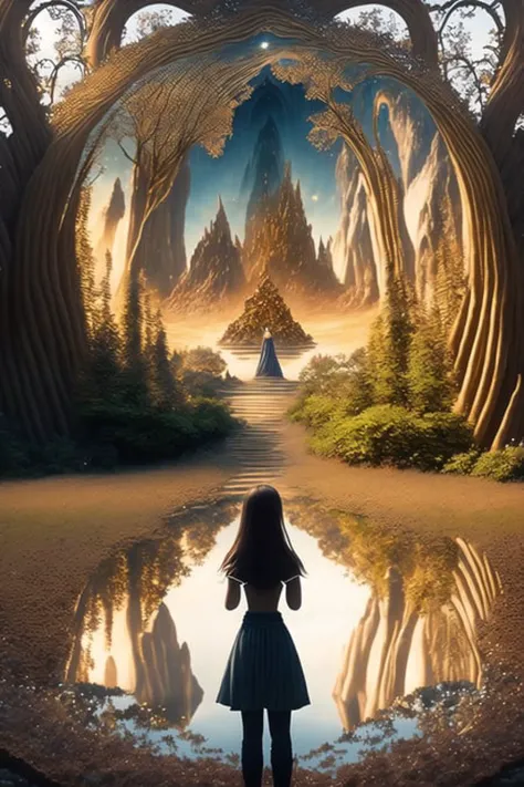 photorealisitc, (full body closeup:1.2),(from behind, over the shoulder:1.4), a girl standing in front of medium sized golden mirror portal, looking at mirror, red hair, extremely detailed, accessoires, (entering a surreal mirrored world with beautiful mystical landscape, mountains:1.3) <hypernet:mjv4Hypernetwork_v1:0.6>, <lora:epiNoiseoffset_v2Pynoise:1.5> tree silhouettes, (facing away:1.5),