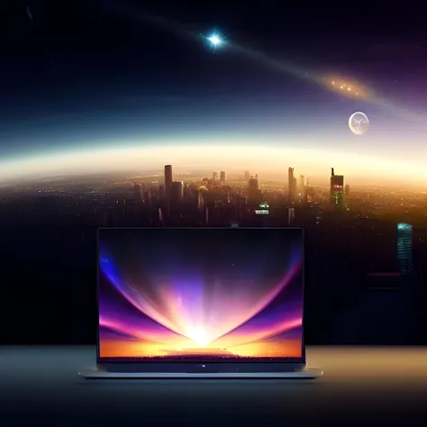 in the background space and stars and a city scape with high rise buildings and in the foreground a laptop seen from front with a web browser open