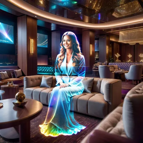 photorealistic, closeup photo of single transparent hologram woman sitting on a couch, smiling, looking at viewer, luxury hotel interior, model shoot, holographic projection <lora:Transparent_Hologram_Woman_epoch-3-resized:0.6>