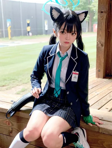 best quality, ultra high res, 1girl, [:(detailed face:1.2):0.2],  single braid, 
(serika \(blue archive\):1.1), animal ears, long hair, solo, school uniform, twintails, gloves, halo, cat ears, black hair, red eyes,  sneakers, skirt, school bag, very long hair, shoes, animal ear fluff,  id card, socks, 
 looking at viewer, (Soft face), round face, illumination, <lora:koreanDollLikeness_v10:0.4>,  <lora:abydosBlueArchive_v1:1>